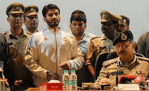 Gautam Buddh Nagar Police Commissioner Alok Singh addresses a press conference after the arrest of Noida-based politician Shrikant Tyagi, in Noida, Tuesday, Aug. 9, 2022.  (Photo | PTI)
