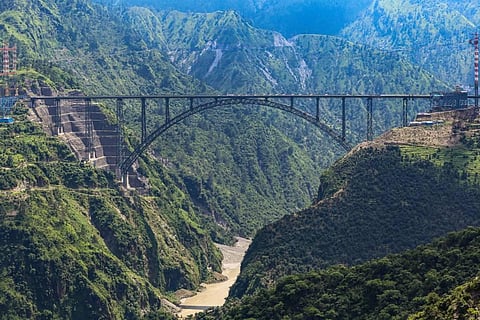 World's highest single-arch railway bridge over the Chenab river, in Reasi district, Saturday, Aug. 13, 2022. (Photo | PTI)