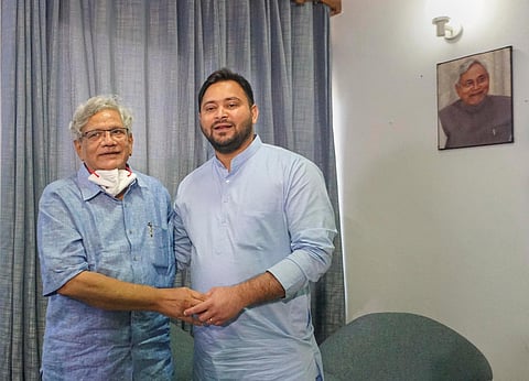 Bihar Deputy Chief Minister Tejashwi Yadav with CPI (M) General Secretary Sitaram Yechury during a meeting, in New Delhi, on August 12, 2022. (Photo | PTI)