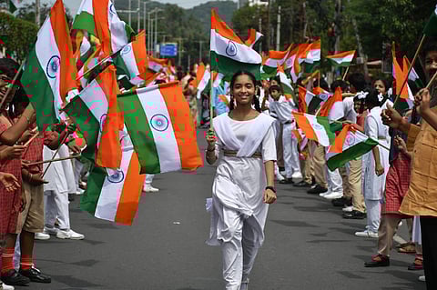 India is celebrating seventy five years of Independence from British rule on August 15, 2022, Monday. (IN PIC: This will be the 76th Independence Day. Students from various schools and colleges take part in a rally organised by the state government as a part of 'Azadi ka Amrit Mahotsav' in Vijayawada on Saturday/ Prasant Madugula, EPS)