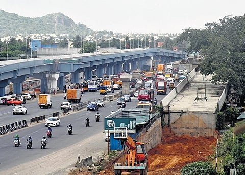 Construction of the road overbridge at Perangalathur on GST Road has been progressing at a snail’s pace | Martin Louis