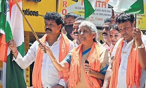 Union Finance Minister Nirmala Sitharaman participates in a road show at Jogupalaya in Bengaluru on Saturday | Nagaraja Gadekal