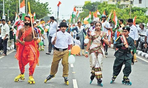 Children dress up as Alluri Sitarama Raju, Bhagat Singh, Bharat Mata and Subhas Chandra Bose at a rally held as a part of Azadi Ka Amrit Mahotsav in Vijayawada | Prasant Madugula
