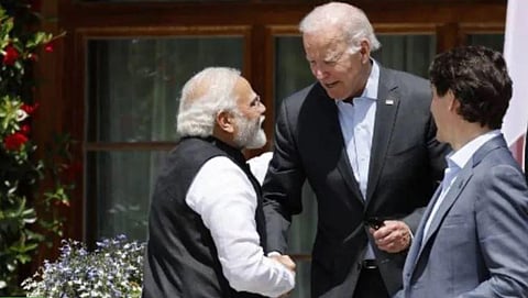 Prime Minister Narendra Modi shakes hands with US President Joe Biden. (File Photo | AFP)