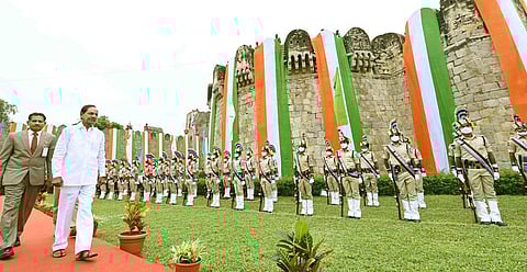 Chief Minister K Chandrasekhar Rao participates in the 75th Independence Day fete at Golconda Fort in Hyderabad on Monday (Photo | Express)