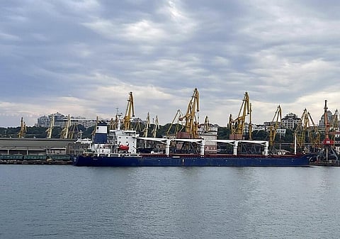The Razoni cargo ship, under the flag of Sierra Leone, with 26,000 tons of the Ukrainian corn aboard, leaves the port in Odesa region, Ukraine.  (File Photo | AP)