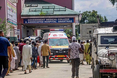Injured ITBP jawans being shifted at the Government Medical College and Associated Hospital after a bus carrying them fell into a deep gorge in the Pahalgam area. (Photo | PTI)