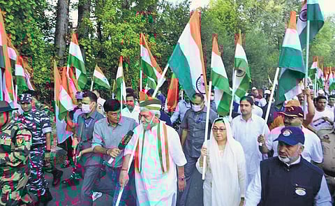 J&K Lieutenant Governor Manoj Sinha joins an Independence Day rally in Srinagar on Monday | Express
