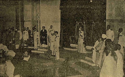 File picture of the swearing-in ceremony of Jawaharlal Nehru as the first prime minister of India by Governor-General Lord Mountbatten.