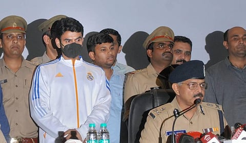 Gautam Buddh Nagar Police Commissioner Alok Singh addresses a press conference after the arrest of Noida-based politician Shrikant Tyagi. (Photo | PTI)