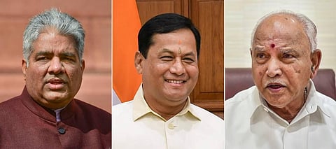 (L-R) BJP leaders Bhupendra Yadav, Sarbananda Sonowal and BS Yediyurappa, who have been inducted into the reorganised Central Election Committee. (Photo | PTI)