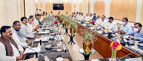 Bihar Chief Minister Nitish Kumar with Deputy Chief Minister Tejashwi Yadav and Cabinet Ministers during a meeting at Old Secretariat, in Patna. (Photo | PTI)