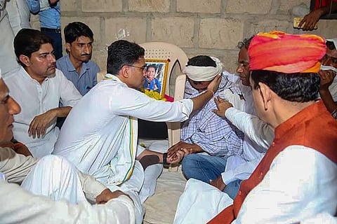 Congress leader Sachin Pilot meets the bereaved family of nine-year-old Dalit boy who died allegedly after he was assaulted by a teacher in his school. (Photo | PTI)