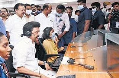 Chief Minister MK Stalin attending calls from consumers at Tangedco’s centralised customer care centre, Minnagam.