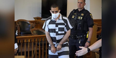 Hadi Matar, who is accused of carrying out a stabbing attack against “Satanic Verses” author Salman Rushdie has entered a not-guilty plea in a New York court. (Photo | AP)