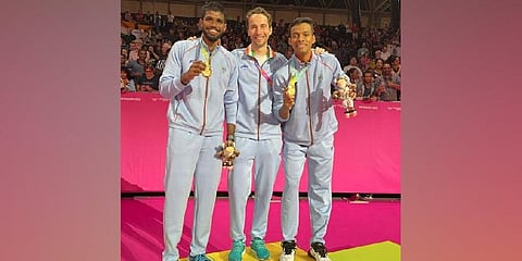 Coach Mathias Boe with duo Satwiksairaj Rankireddy and Chirag Shetty. (Photo | Mathias Boe @ Instagram)