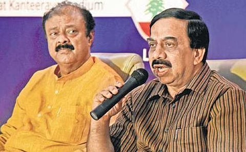 Sports Minister Narayana Gowda and BFI president Dr K Govindaraj in Bengaluru on Thursday | Vinod Kumar T