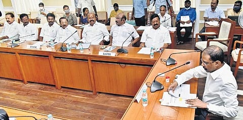 OPS supporter Kovai Selvaraj and EPS supporters D Jayakumar and Pollachi V Jayaraman at the Election Commission meeting in Chennai on Monday | P Jawahar