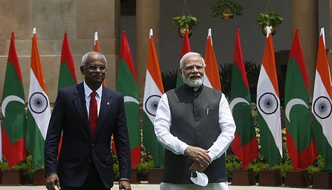 Maldives President Ibrahim Mohamed Solih with Prime Minister Narendra Modi during a meeting at the Hyderabad House in New Delhi on Tuesday. (Photo | Shekhar Yadav, EPS)