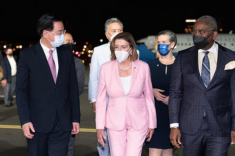 Speaker of the US House of Representatives Nancy Pelosi being welcomed upon her arrival at Sungshan Airport in Taipei.  (Photo | AFP)