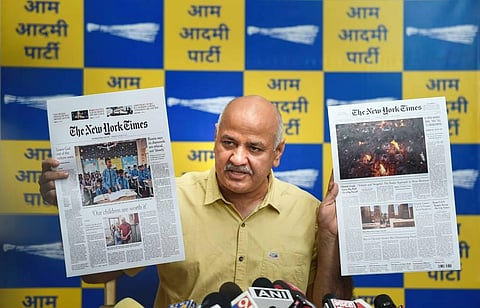 Deputy Chief Minister of Delhi Manish Sisodia addresses a press conference in New Delhi, Saturday, Aug. 20, 2022. (Photo | PTI)