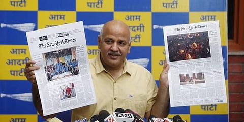 Delhi Deputy CM Manish Sisodia addresses a press conference at his residence in New Delhi on Saturday. (Photo |  Express photo by Shekhar Yadav)