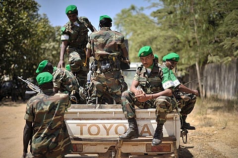 n this handout pictured released by the African Union-United Nations Information Support Team, Ethiopian soldiers ready themselves for departure after a ceremony in Baidoa, Somalia. (File Photo | AFP)