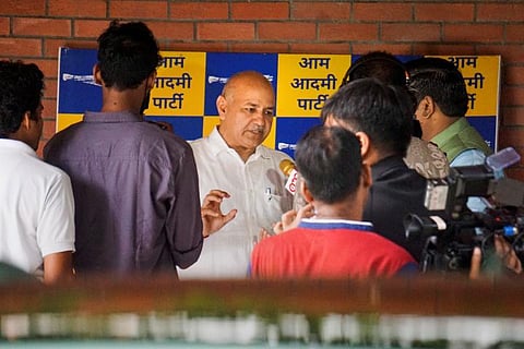 Delhi Deputy CM Manish Sisodia talks to the media regarding the CBI look-out notice issued against him, at his residence in New Delhi. (Photo | PTI)