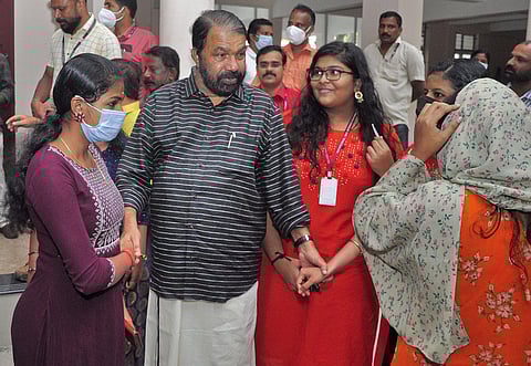 In this recent image General Education Minister V Sivankutty interacting with students of GHSS Cotton Hill in Thiruvananthapuram. (Photo | BP Deepu)