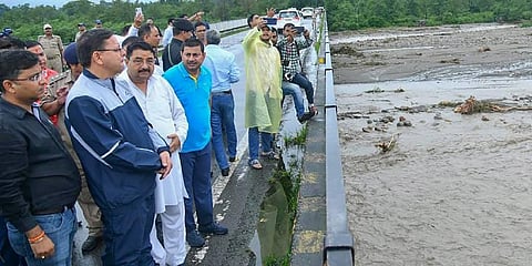 Uttarakhand Chief Minister Pushkar Singh Dhami visits the affected areas after a cloudburst in Dehradun. (Photo | PTI)