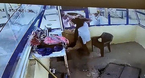 A CCTV screengrab from an incident where a motorist slapped a woman toll plaza staffer in Madhya Pradesh.