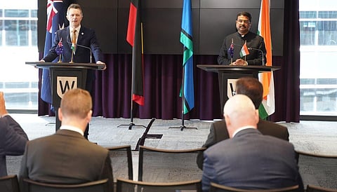 Union Education Minister Dharmendra Pradhan met with his Australian counterpart Jason Clareon on his four-day visit to Australia. (Photo | Dharmendra Pradhan @ Twitter)