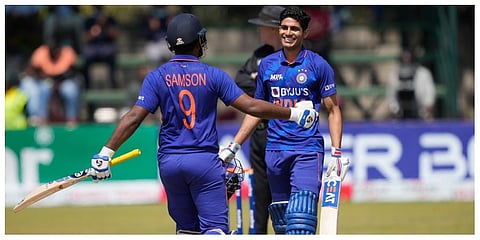 Indian batsman Shubman Gill celebrates after scoring 100 runs on the last day of the One-Day International cricket match between Zimbabwe and India. (Photo | PTI)