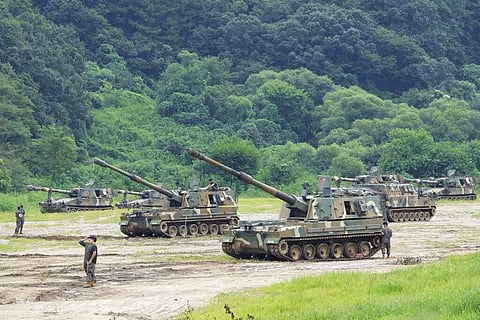 South Korean army K-9 self-propelled howitzers take positions in Paju, near the border with North Korea, South Korea, Monday, Aug. 22, 2022. (Photo | AP)