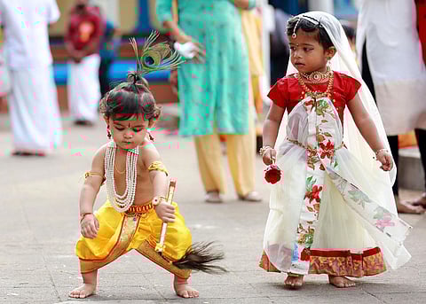 Children dressed up as Krishna and Radha take part in Ashtamirohini celebrations at Tirumala Devaswom temple in Kochi, Kerala. Representative purpose only. (File Photo | T P Sooraj, EPS)