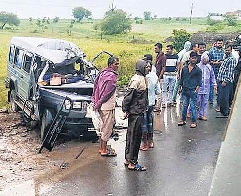 Wreckage of a jeep that was carrying students in Ujjain on Monday. (Photo | PTI)