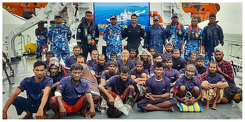Bangladeshi fishermen that were rescued from the sea by Indian Coast Guard officials being repatriated to Bangladesh. (Photo | PTI)