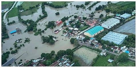 Aerial view of the flood-affected Vidisha district following incessant monsoon rainfall, in Madhya Pradesh. (Photo | PTI)