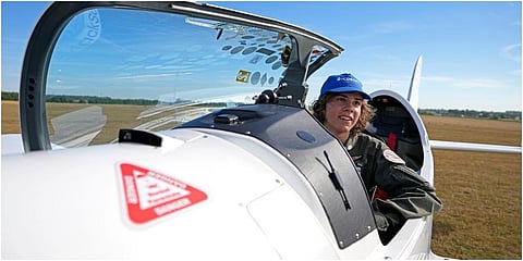 Seventeen year old Anglo-Belgian pilot, Mack Rutherford, speaks with the media after landing at the Buzet airfield in Pont-A-Celles, Belgium. (Photo | AP)