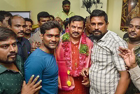 Raja Singh with supporters following his release in Hyderabad, Tuesday. (Photo | PTI)