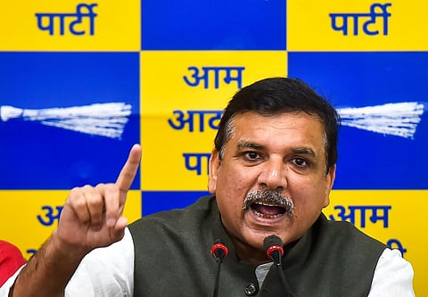 Aam Aadmi Party (AAP) leader Sanjay Singh addresses a press conference, at the party office in New Delhi, Wednesday, Aug. 24, 2022. (Photo | PTI)