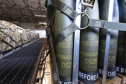 Pallets of 155 mm shells ultimately bound for Ukraine are loaded by the 436th Aerial Port Squadron, Friday, April 29, 2022, at Dover Air Force Base, Del. (Photo | AP)