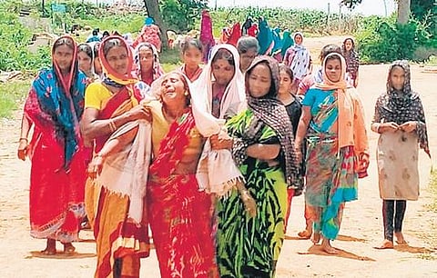 Family members of Suresh Rathod, who died by suicide in his room in the IIIT-Basara hostel on Tuesday.
