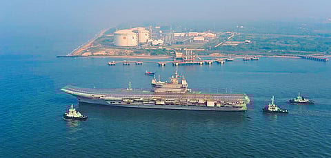 The Indigenous Aircraft Carrier Vikrant that headed out for its third set of sea trials on Sunday, Jan 9, 2022. (Photo | Express)