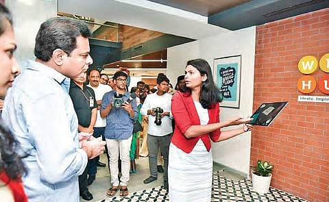 IT Minister KT Rama Rao interacts with women entrepreneurs at the WE Hub in Hyderabad on Friday