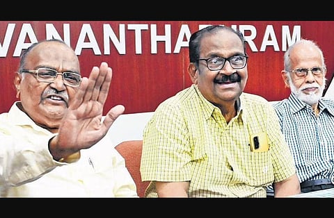 AE Muthunayagam, founder director, LPSC and D Sasikumaran, dy director of cryogenic technology division of ISRO, talking to reporters against Nambi Narayanan’s claims | Vincent P