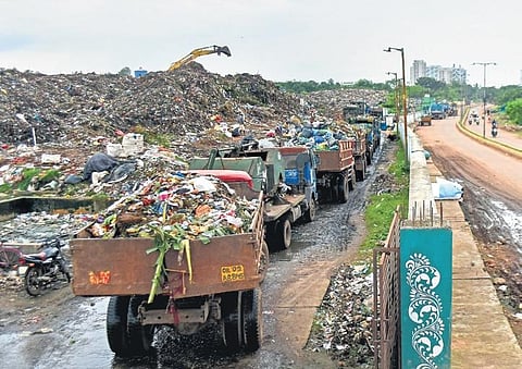 Garbage piled up at BMC dumping yard near Sainik School in Bhubaneswar on Thursday | DEBADATTA MALLICK