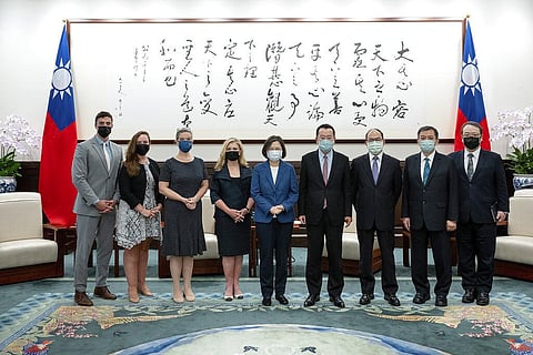 Taiwan's President Tsai Ing-wen, center, poses for photos with US Senator Marsha Blackburn, fourth left, and her delegation during a meeting in Taipei, Taiwan. (Photo | AP)