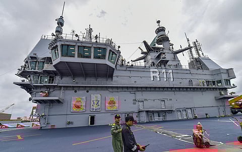 Navy personnel at Indigenous Aircraft Carrier (IAC) Vikrant at Cochin Shipyard, in Kochi, Friday, Aug. 26, 2022. (Photo | PTI)