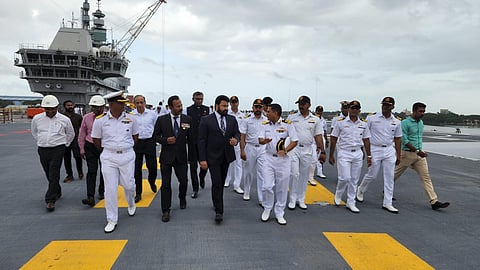 INS Vikrant will be commissioned into the Navy at an event in Kochi on September which will be attended by PM Narendra Modi.  Actor-filmmaker Mohanlal recently visited the soon-to-be-commissioned aircraft carrier. (Photo | PTI)